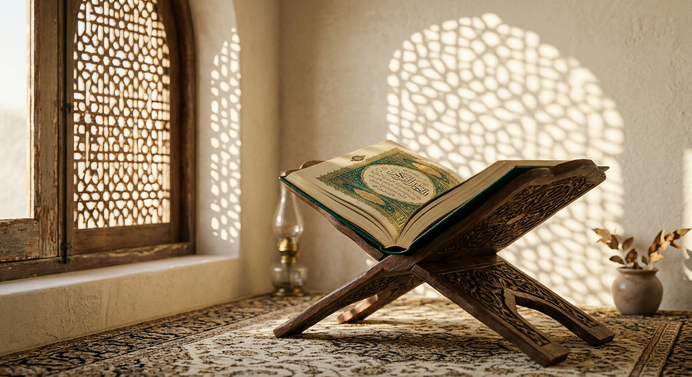 مصحف مفتوح في مساحة هادئة للتلاوة